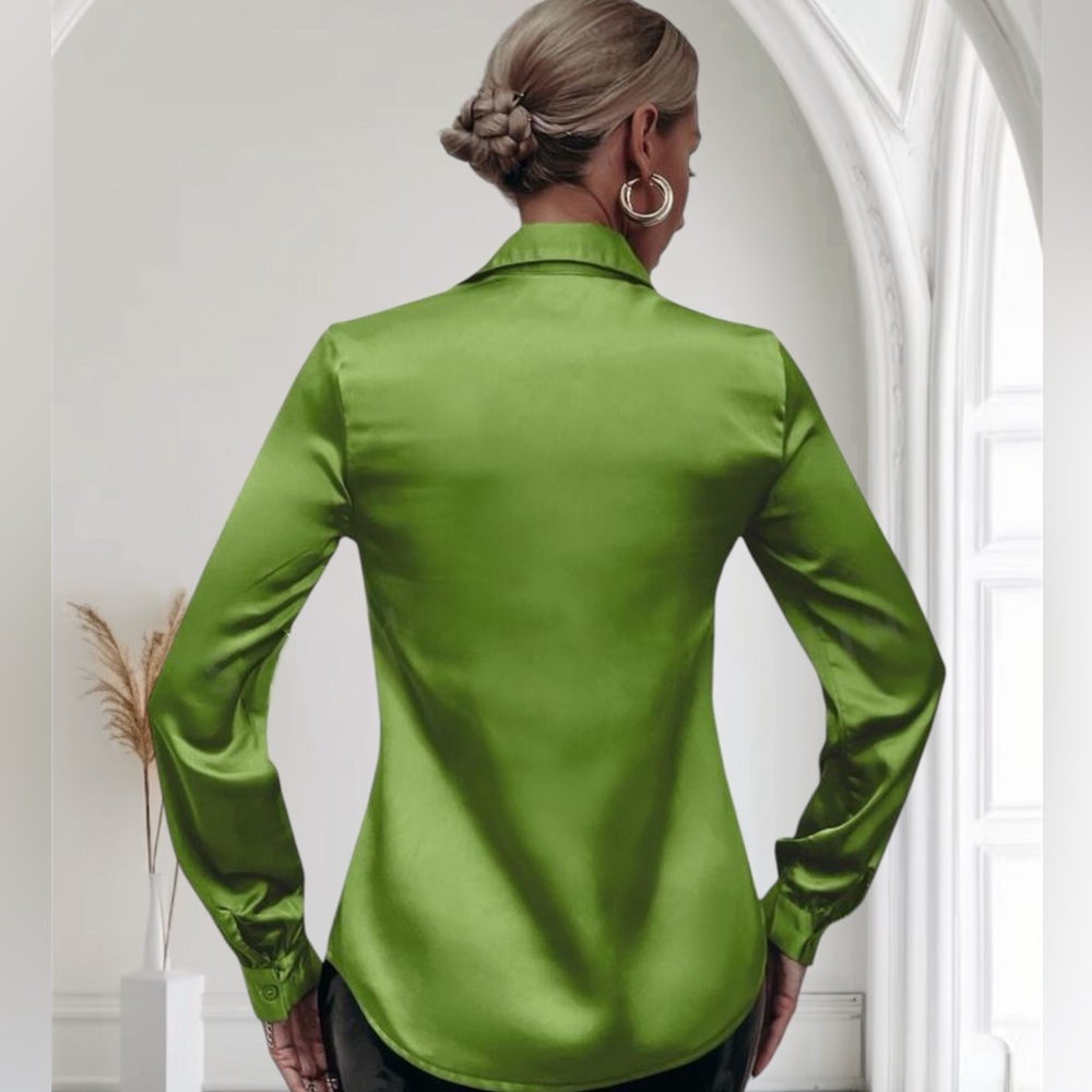 Satin blouse silky silk button down dress shirt green S 4 Lime business casual